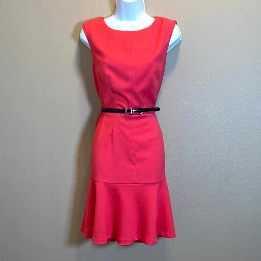Liz Claiborne Women’s Coral with Black Belt Sheath Sleeveless Midi Dress SZ 10